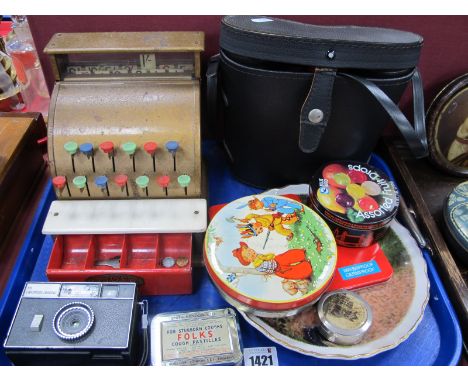 Codeg Vintage Tin Plate Cash Till with Key, tins, prinz 10 x 50 binoculars, camera, plate:- One Tray.