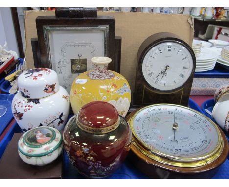 Oak &amp; 'SB' Barometers, mantle clock Devon and Coalport ginger jars, Satsuma vase, etc:- One Tray.