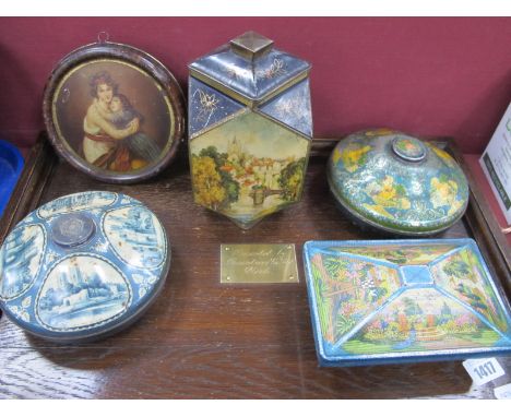 Rowntree - Five vintage biscuit/sweet tins, together with an an oak rectangular tray with brass presentation plaque. Presente