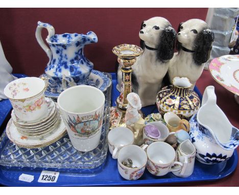 Royal Crown Derby Imari Pattern Candlestick, (damaged), pair of XIX Century style spaniels, etc:- One Tray.