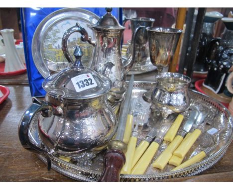 A Plated Four Piece Tea Coffee Service, fish knife - forks, on an oval engraved plated tray.
