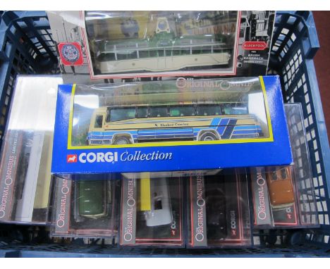 Eight 1:76 Scale Diecast Model Buses, Rail Coach, by Corgi, mostly the Original Omnibus editions including #40202 AEC Relianc