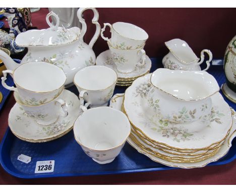 Royal Albert 'Haworth' Bone China Tea Service, tea pot, cream jug, sugar bowl, cake plate, cup saucers, twenty two pieces:- O