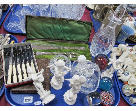 Cased Fish Knife-Fork, with silver hallmarked handles, paperweights, decanter, cut glass basket, etc, winged cherubs:- One Tr
