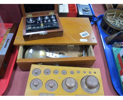 Maw Apothecary Balance Scales, twelve (of thirteen) graduated weights in box. Stanton weights in box (3)