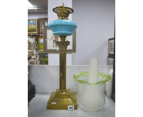 Brass Corinthian Column Oil Lamp, circa 1900, with painted turquoise glass well, later shade and funnel.