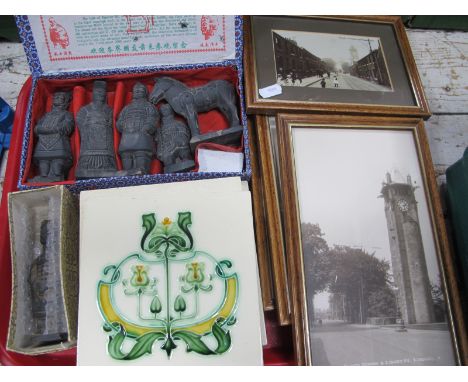 Chinese Teracotta Figures, five Art Nouveau pottery tiles, XIX Century photographs of Huddersfield.