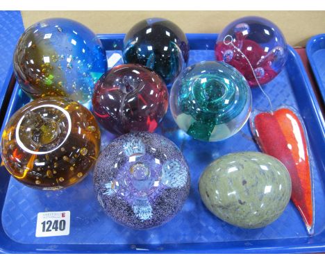 Wedgwood, Caithness and other glass paperweights, Portsoy marble example, glass leaf drop:- One Tray