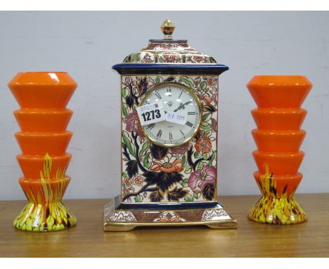 Mason's Imperial Clock, limited edition of 1996, 24cm high, pair of Art Deco stepped orange glass vases of mottled bases. (3)