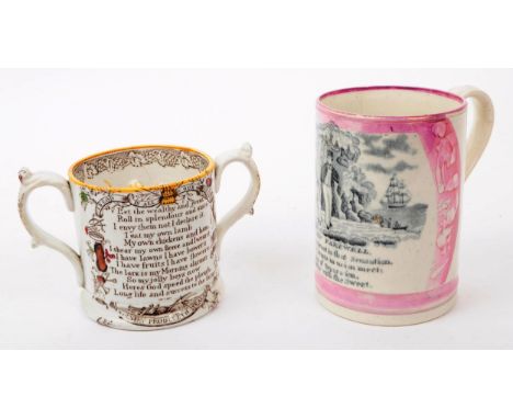 A collection of two 19th century ceramic pottery mugs, comprising of a Sunderland lustre frog mug, with pink decoration and '