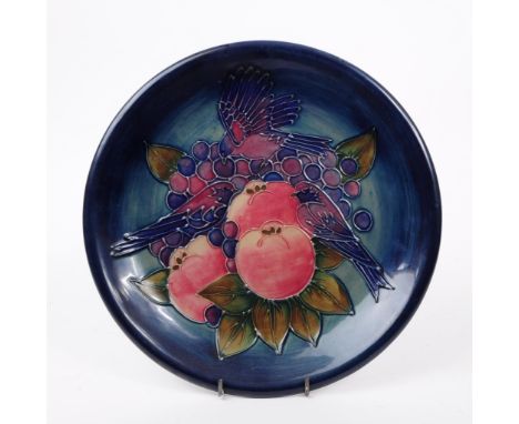 Moorcroft Pottery - a vintage late 20th century circa 1993 hand painted ceramic Finch & Berries design plate. Signed W M to b