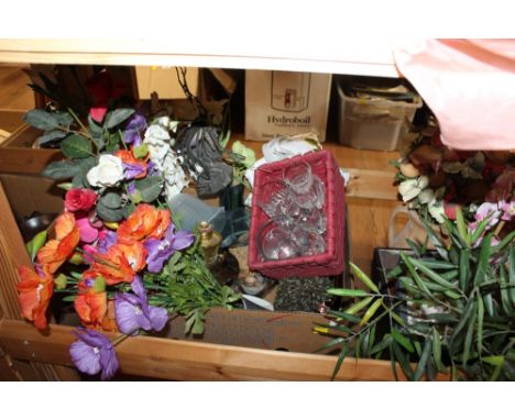Two boxes of miscellaneous, simulated flower arrangements, brass oil lamp etc