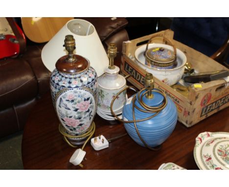 A ribbed studio pottery table lamp together with 3 other decorative table lamps 