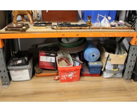 A quantity of miscellaneous tools to include roll of iron cord, battery charger, oil removal pump etc