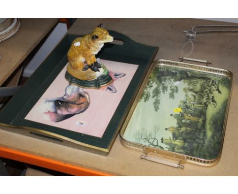A cast and painted metal fox form doorstop together with 2 hunting related trays 