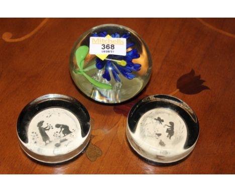 A pair of French silvered paperweights by Marcelle De Shers together with Chinese lamp work paperweights 