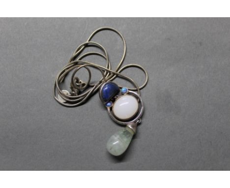 White metal Tiffany marked necklace and opal, lapis and moonstone pendant