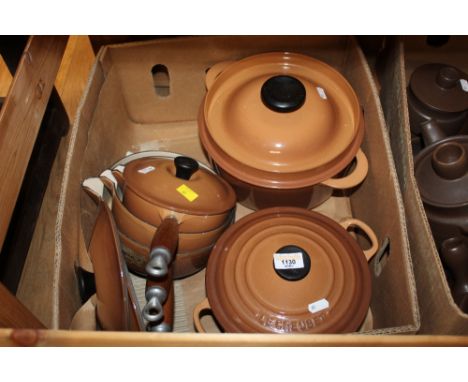 Box of Le Creuset cookware, brown enamel