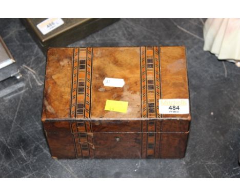 A late 19th century inlaid walnut tea caddy ( compartment lacking covers)