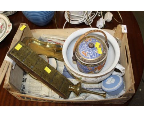 A box of miscellaneous, to include brass mounted cribbage board, Japanese biscuit barrel, Wedgwood blue jasper trinket box et