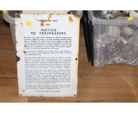 A vintage enamel sign for the explosive act 1875 " No to Trespasses"