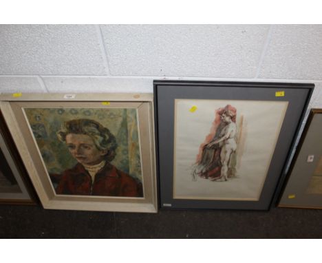Rosetta Roberts, oil on canvas, portrait of Mrs Cowan together with a Rosetta Roberts pen and wash standing figure