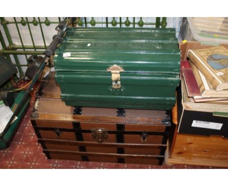 Late Victorian canes wood and metal bound domed top trunk 50 cm high and a Victorian green metal trunk containing mix of deco
