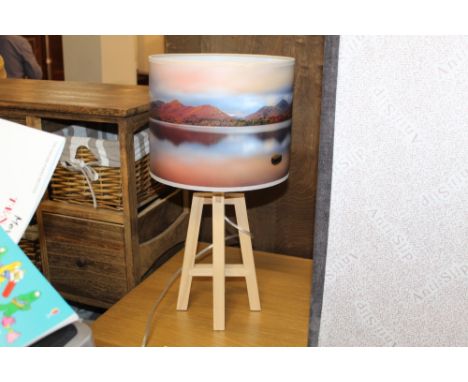 Modern table lamp with panoramic view of Derwentwater, and light wood base