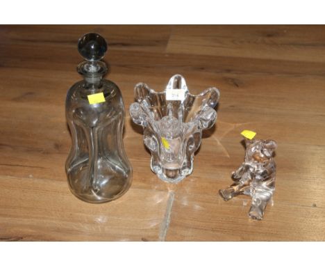 A group of 3 glass items to include decanter vase and bear figure