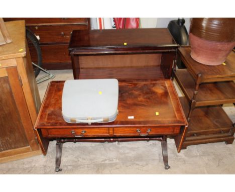 A modern reproduction mahogany sofa table, together with reproduction mahogany open bookcase