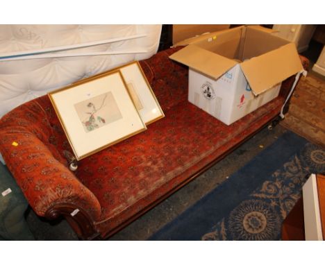 Victorian mahogany four seat settee, upholstered in buttoned orange fleur de lis patterned cloth on turned legs and white cer