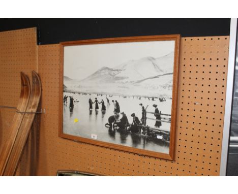 Facsimilie monochrome photographic print, Skating on Windermere, framed and glazed