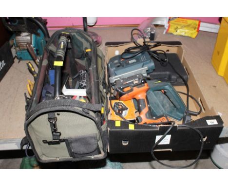 A box of power tools, to include Black and Decker, and a tool bag of tools