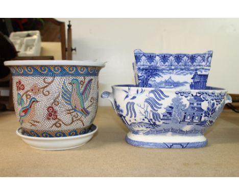 Chinese mosaic design planter with stamp and 2 blue and white planters 