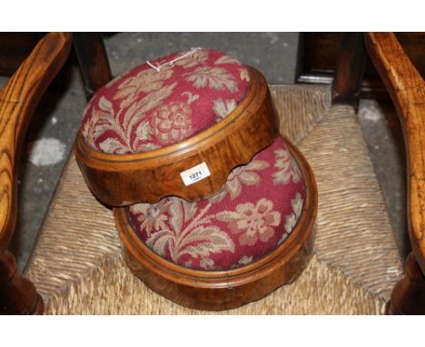 Pair of Victorian walnut circular footstools, with leaf tapestry tops, 12 cm high, 30 cm diameter