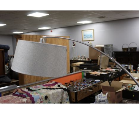Modern brushed steel arched electric floor lamp of mid century design with fabric shade 173cm high 