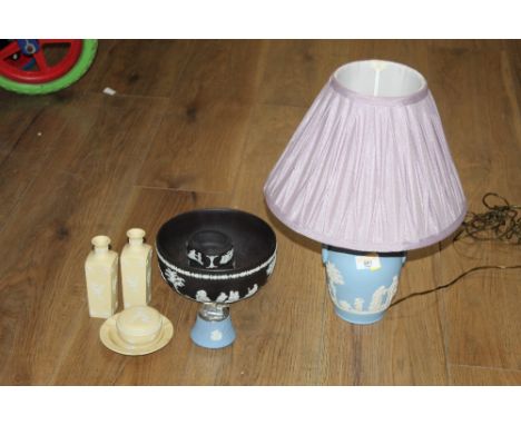 Wedgwood blue jasper ware table lamp with purple material shade, 4 pieces of Wedgwood  yellow jasper, 3 items Wedgewood black