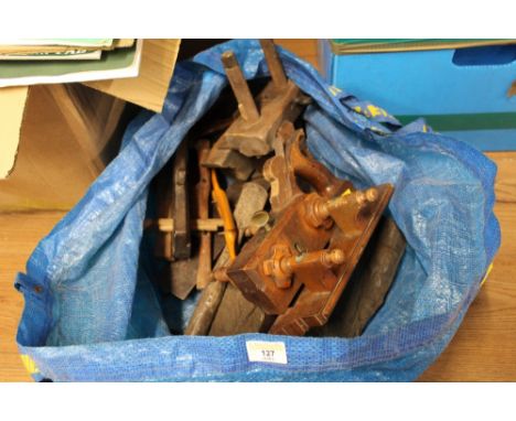 A box of vintage tool to include wooden plough plain, squawk shaves, moulding planes etc