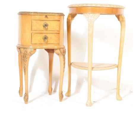 A french 20th Century walnut bedroom suite comprising of a bedside cabinet with single drawer atop and console table having a