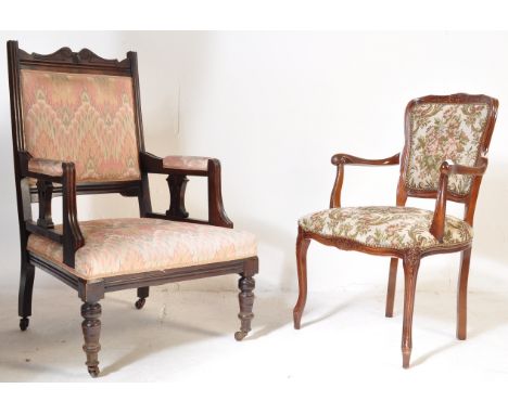 A mid 20th century stained beech wood French fauteuils - armchair with reeded show wood frames being raised on shaped legs wi