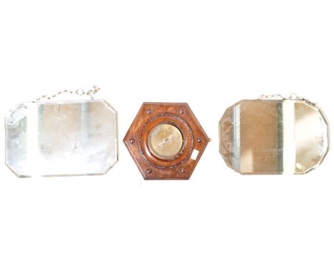 2 1930'S Art Deco vintage bevelled edge frameless wall mirrors, each of rectangular form having wooden backs and hanging chai