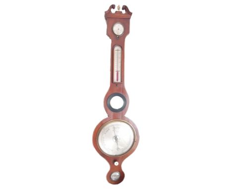 A late 18th Century George III banjo barometer by Schwer of Bristol. Arched top with brass finial with circular dials, mercur