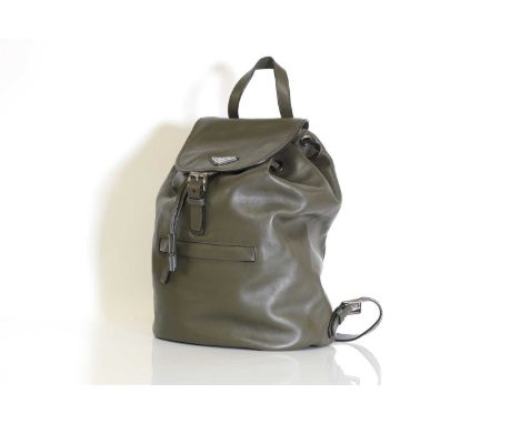 A Prada olive green backpack,silver tone hardware, magnetic stud and buckle closure, with zip pocket to front, with authentic