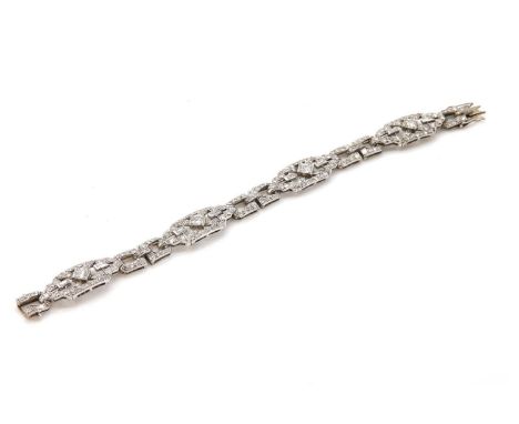 A cased Art Deco diamond set plaque bracelet, c.1925,with a series of pierced and articulated links. Each plaque with an old 