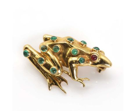 An 18ct gold emerald and ruby frog brooch, by Theo Fennell,modelled as a frog in three-quarter view, with cabochon ruby eye, 