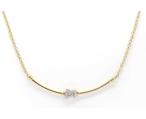 An Italian gold diamond set necklace,the centrepiece composed of a diamond set knot plate, to the centre of a curved bar, sus