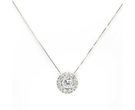 A white gold diamond set circular cluster pendant and chain,a round brilliant cut diamond, with an estimated weight of 1.60ct