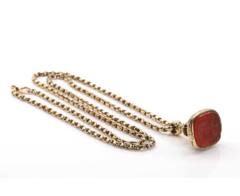 A carved cornelian coat of arms fob seal with gold chain,  the rectangular cushion-shaped intaglio carved with the Clan David