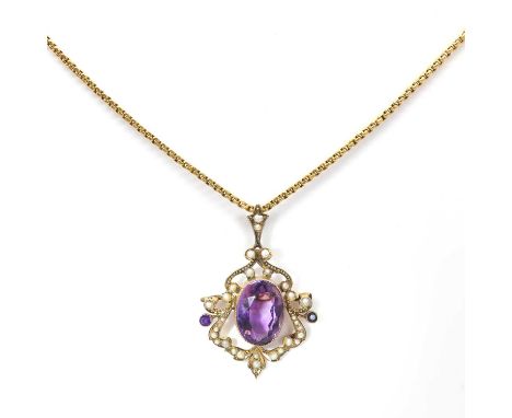 An Edwardian amethyst and split pearl scrolling brooch/pendant, designed as an open scrolling frame, with a large oval mixed 