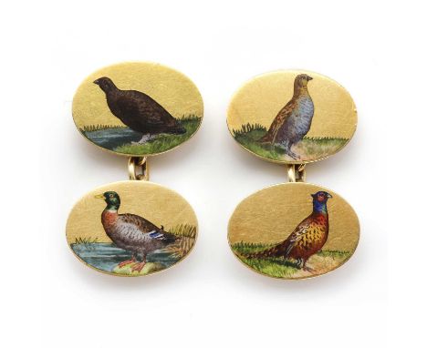 A pair of double-ended 18ct gold and enamel cufflinks depicting game birds,each of the flat oval plaques with a finely detail